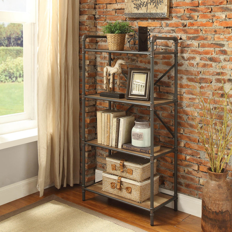 Itzel Antique Oak & Sandy Gray Finish Bookshelf, (4 Shelves) 48.93"H x 13.93"W x 26.03"D