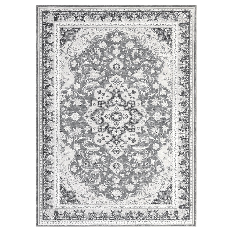 10'x13' Vintage Distressed Large Rug, Low Pile Non-Slip Stain Resistant Carpet for Living Room, Gray, Rectangle 10' x 13'