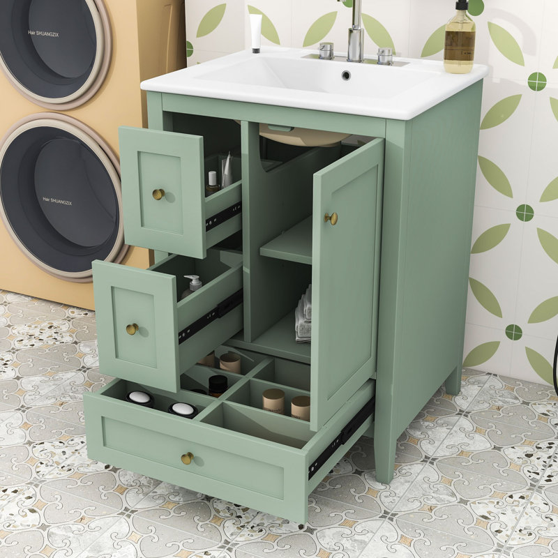 Meuble-lavabo moderne 3 tiroirs avec tablettes réglables et armoire de rangement, Vert