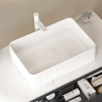 Lavabo de salle de bain 20 po, vasque rectangulaire en céramique rayée sans robinet, sans armoire, noir