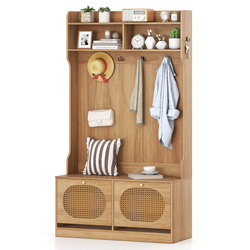 4-In-1 Hall Tree Entryway Bench with Coat Rack & Flip Drawers 6 Dual-Hook Hangers Natural, White/Natural