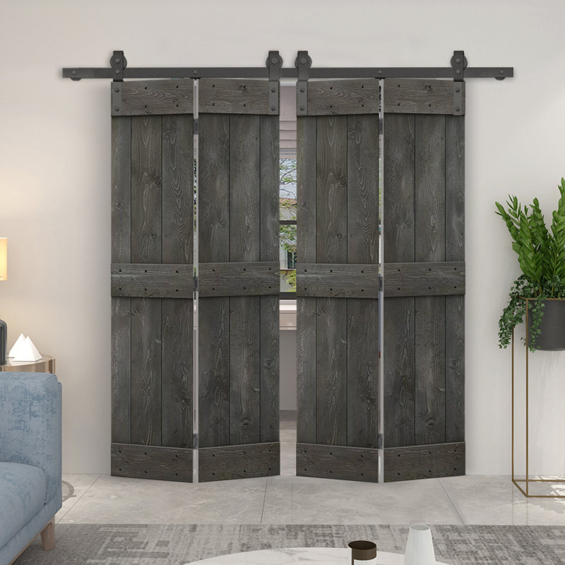 Portes de grange à deux volets en bois bricolage avec quincaillerie coulissante DIY, 40 po x 84 po, Gris carbone