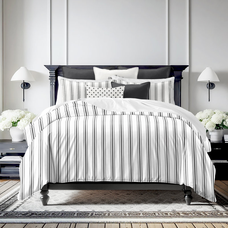 August Stripe Reversible Cotton Duvet Cover Set, Cal.King Duvet Cover + 2 King Shams, Ebony
