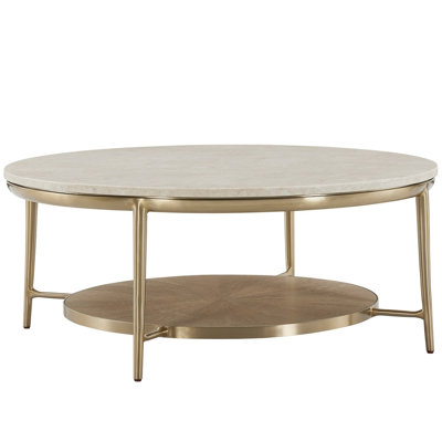 Amalfi 43 Inch Round Cream Quartz Top Desert Gold Metal Base Cocktail Table