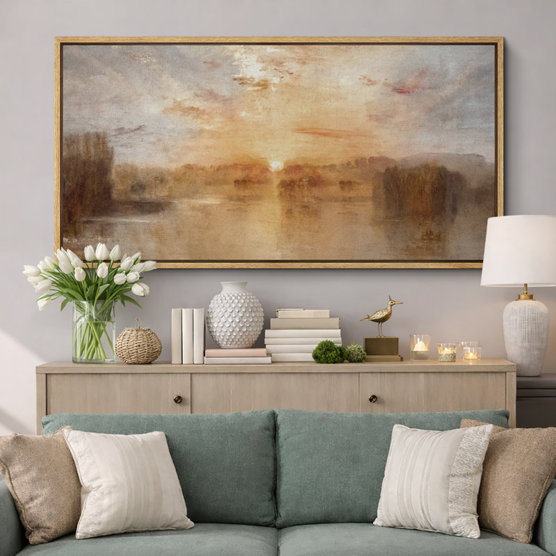 «Golden Lake Sunset», impression sur toile encadrée, décor naturel impressionniste chaleureux, H 30 po x l 60 po, Naturel