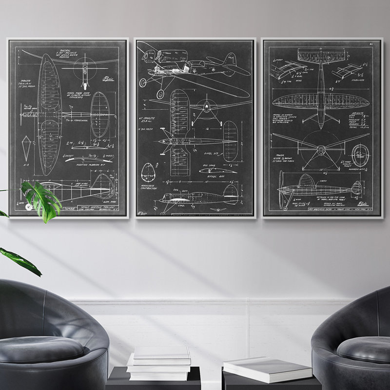 "Aéronautique", ensemble de 3 pièces encadrées sur toile, H 40 po x l 78 po, Blanc