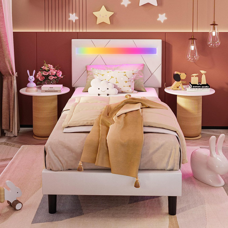 Chadijah Modern Style PU Leather Upholstered Bed with Adjustable Headboard & RGB LED Lights, Twin, White