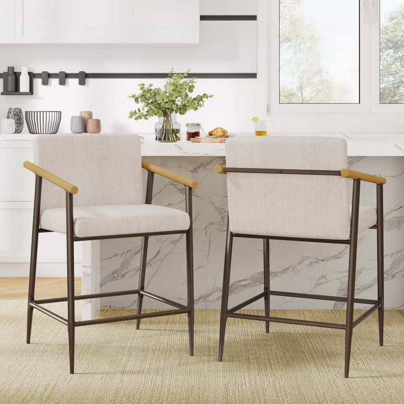 31" H Seat Height Upholstered Counter Stool with Metal Frame, Beige