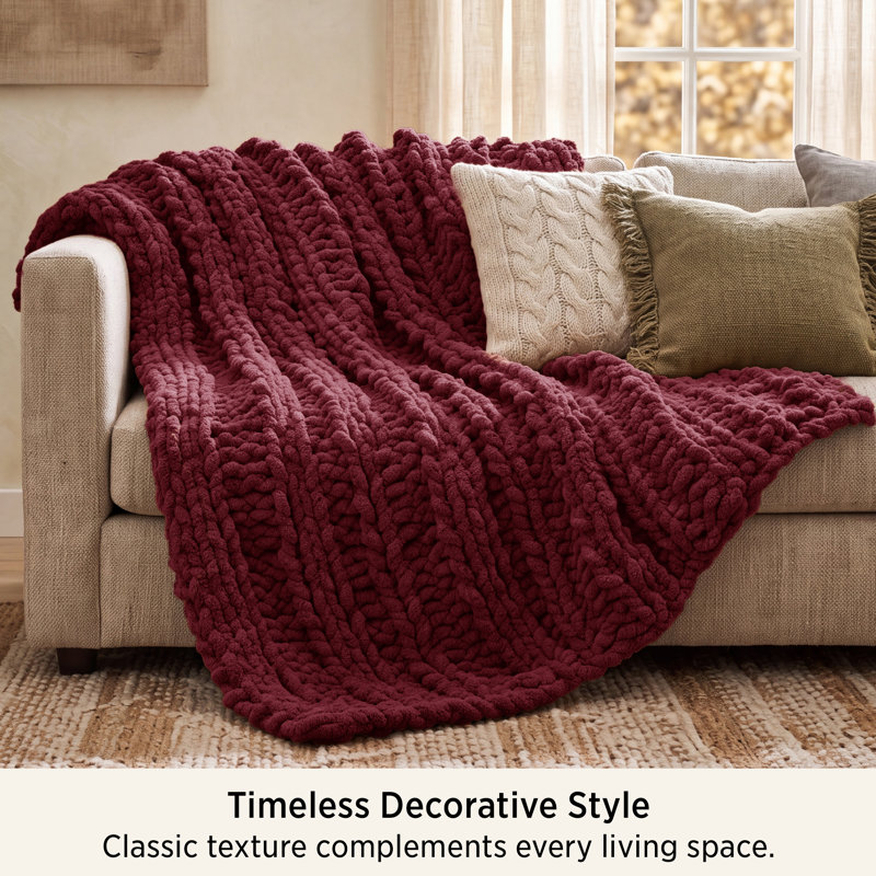 Hand-Knit Chenille Chunky Throw Blanket, Burnt Orange