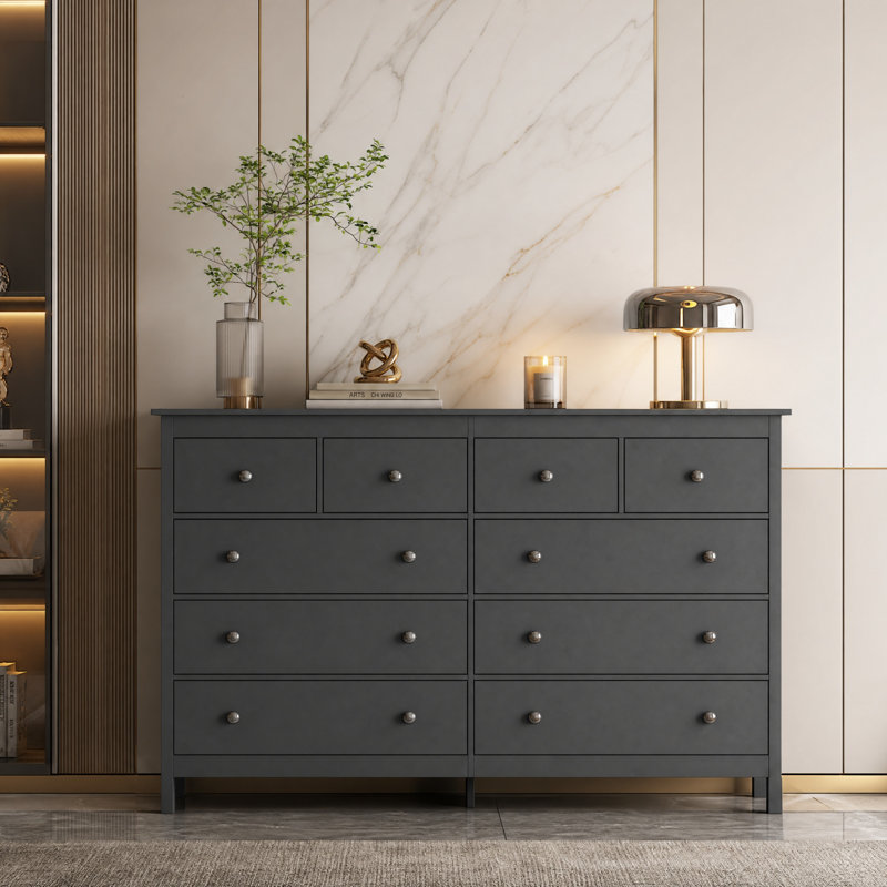 Commode 55 po à 10 tiroirs, commode avec glissières lisses et ensemble anti-basculement pour chambre à coucher 55 po
