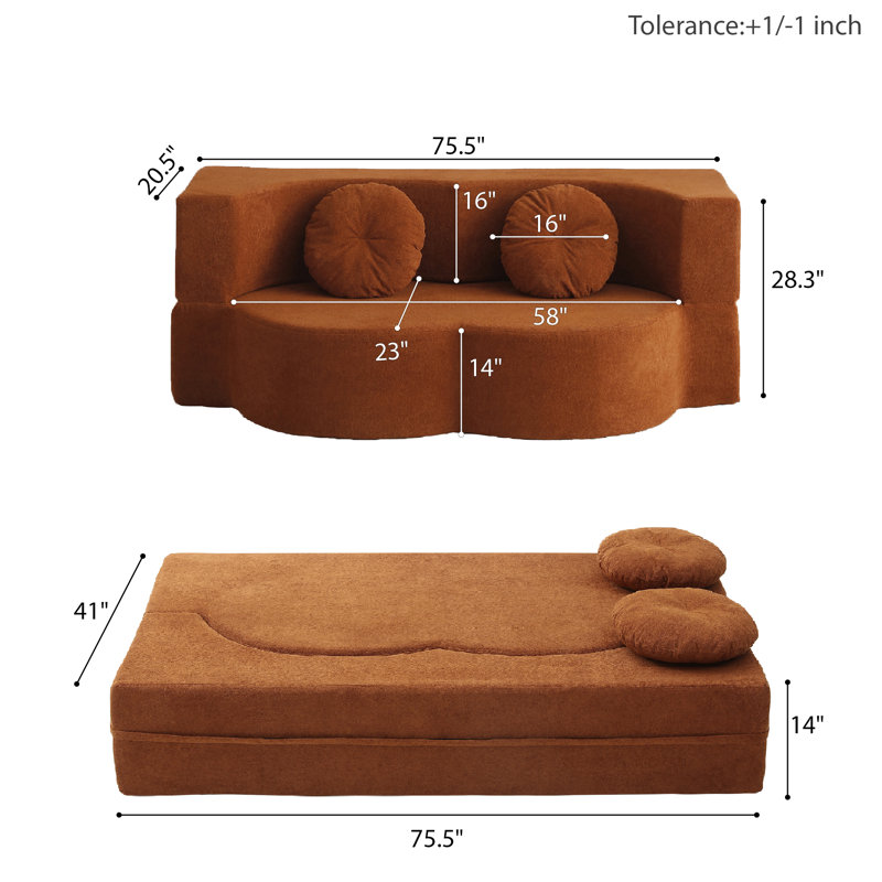 Boneless 75.5" W Compression Floor Sofa Bed Convertible Velvet Boneless Sleeper Couch Futon Loveseat With Folding Design & Pillows, No Assembly Required