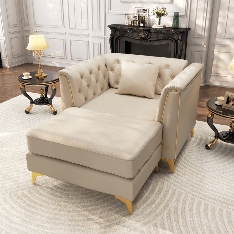 Canapé Chesterfield de 40,1 po de largeur, Similicuir beige et blanc