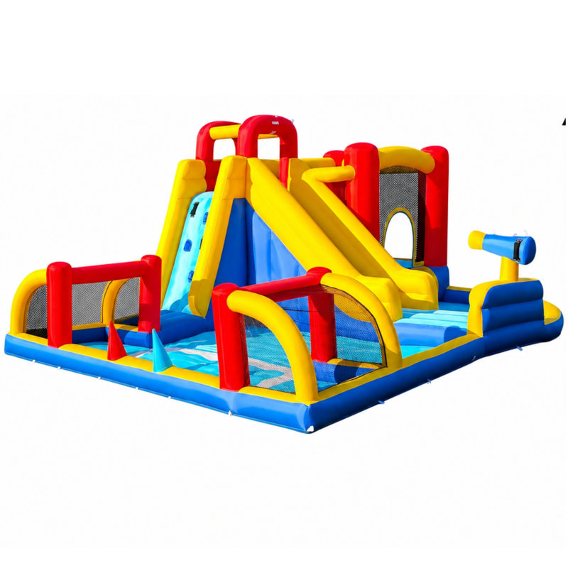 Parc aquatique gonflable 10 en 1, jeu gonflable pour enfants avec longue glissade, piscine et zone de soccer, souffleur d'air de 550 W inclus