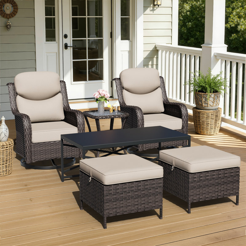 Adcox 2-Person Outdoor Rattan Patio Furniture Set with Swivel Chairs,Ottomans,Tables and Beige Cushions, Beige