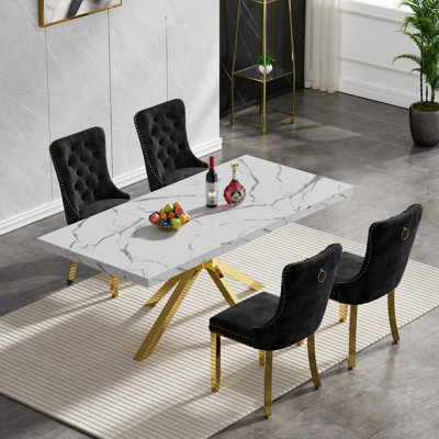70" Faux Marble Dining Table Set, Rectangle Kitchen Table with Stainless Steel Pedestal, Dining Room Table with Tufted Dining Chairs, Modern Dining Set for Kitchen Living Room