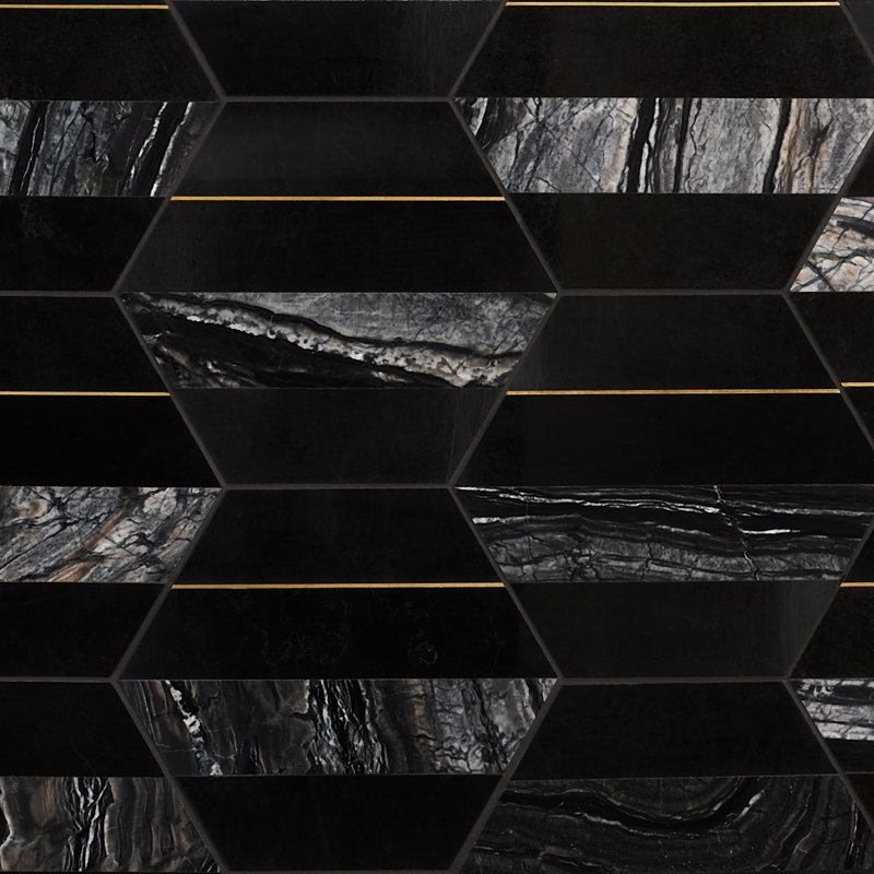 Carreau de mosaïque mural en marbre poli et laiton hexagonal 9 po Hepburn, Noir