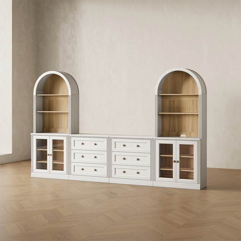 Garde-manger modulaire moderne Monos avec tiroirs, portes en verre acrylique et armoires hautes cintrées, blanc, Blanc