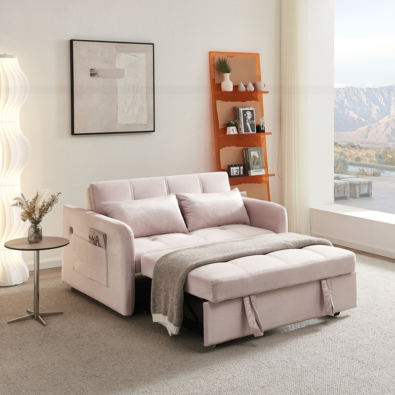 Alax Recessed Arm Sofa Bed, Pink Velvet