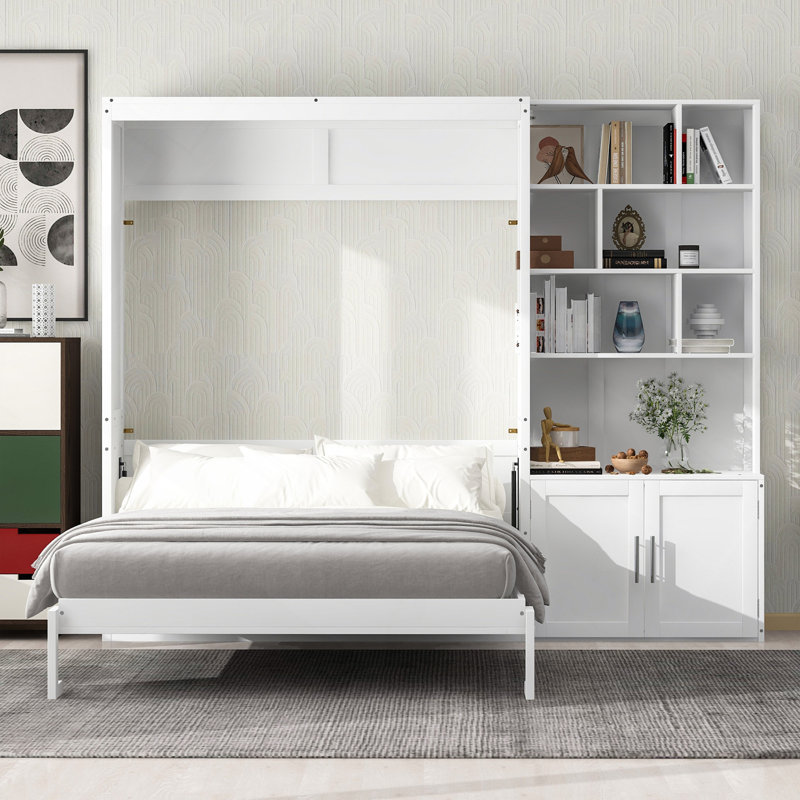 Lit escamotable double avec plusieurs tablettes de rangement et une armoire, blanc