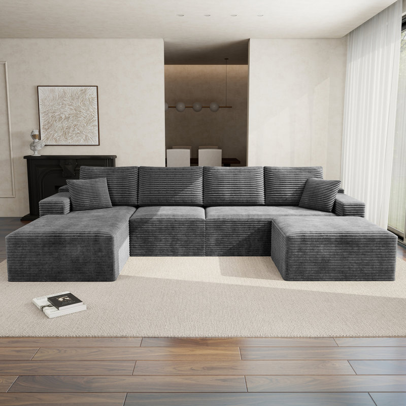 Canapé modulaire en U de 132 po pour 4 personnes, canapé à compression, velours côtelé gris, faisant face à la gauche
