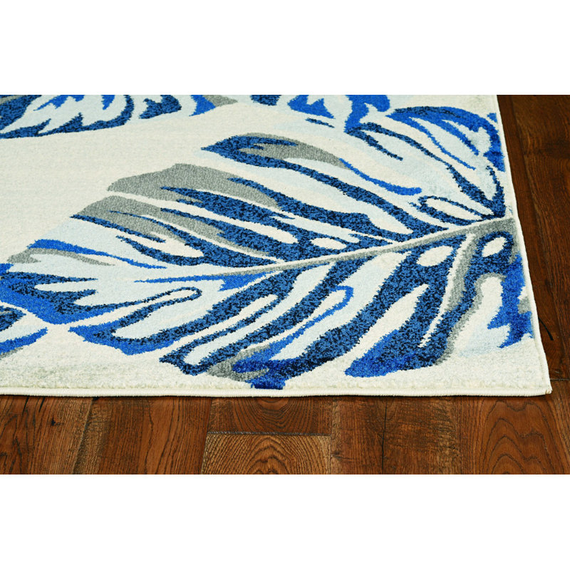 Cullan 3' X 5' Blue and Gray Botanical Leaves Area Rug, Rectangle 3' x 5'