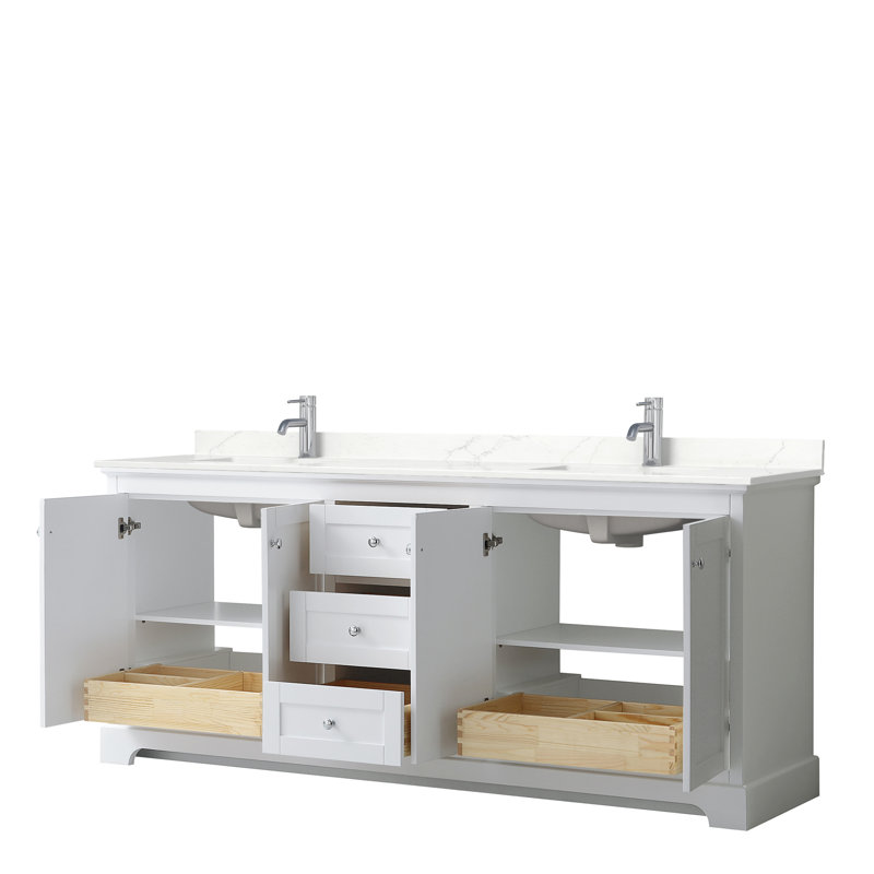 Meuble-lavabo double autoportant avec plateau Avery, Quartz blanc, Bleu foncé, Chrome poli