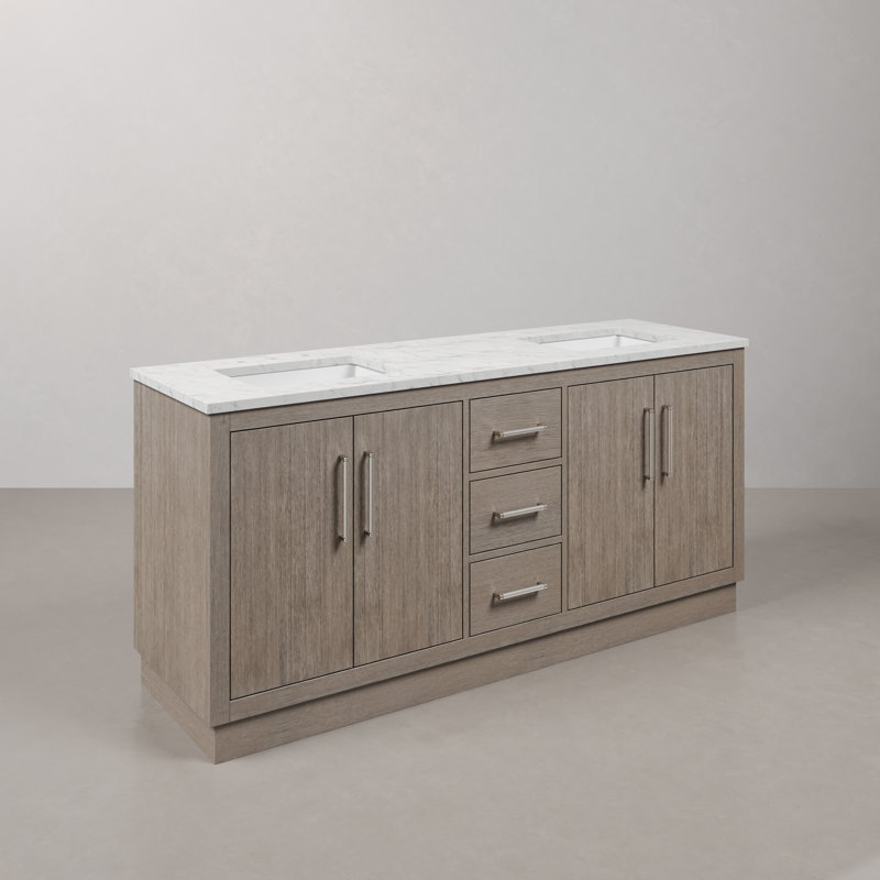 Hugo 72 In. Double Sink Carrara White Marble Countertop Vanity In Grey Oak With Mirrors, Chrome