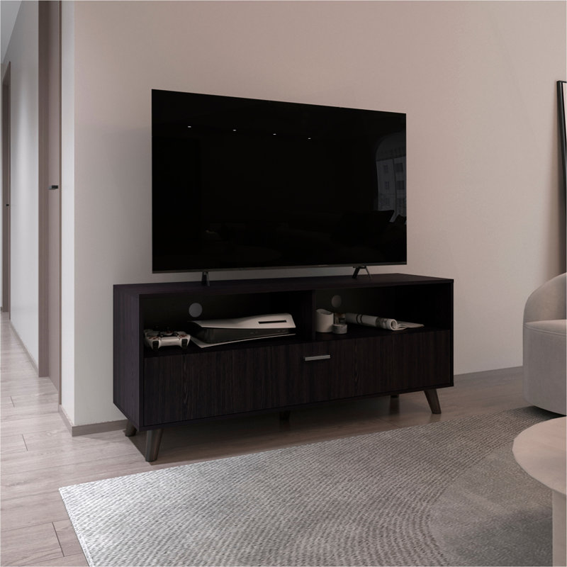 Meuble télé Patrick avec 2 portes et tablettes de rangement ouvertes, centre de divertissement moderne, noir