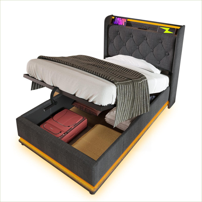 Lit plateforme simple en lin gris classique avec éclairage à 360 DEL et chargement USB