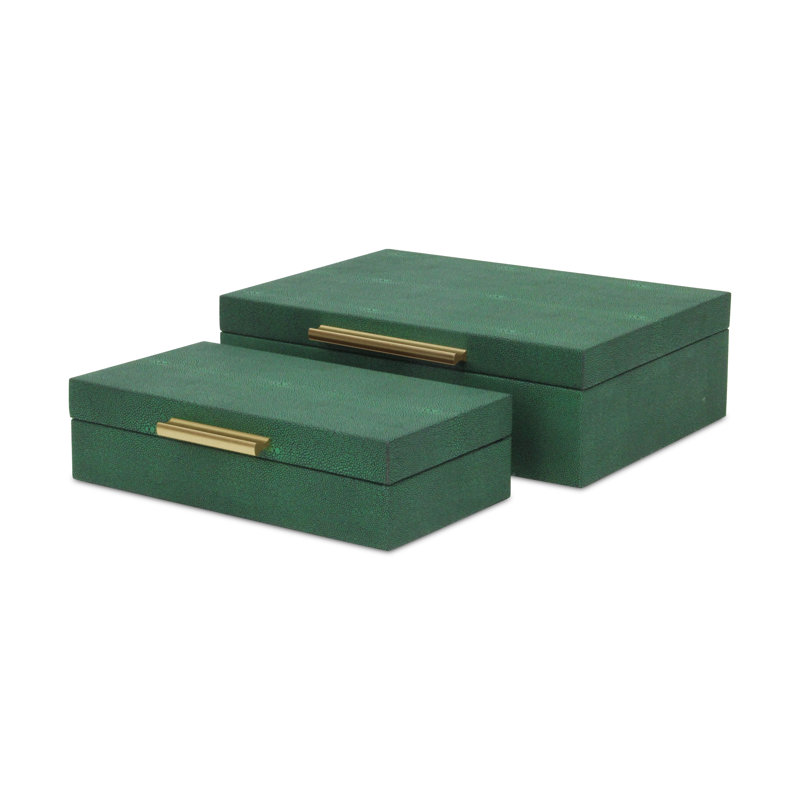 RebekaSet de 2 boîtes de rangement décoratives rectangulaires emboîtables, finition embossée moderne - vert faux chagrin