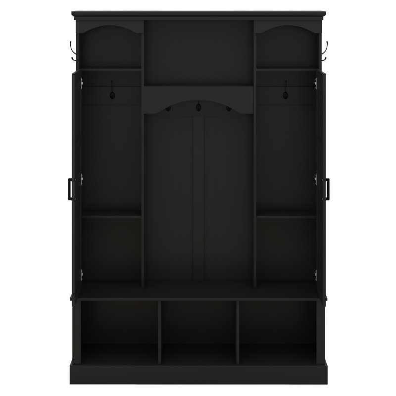 Hall Tree With Adjustable Shelves & 7 Hooks, Entryway Organizer, Shoe Cabinet & Storage Bench, Dual Side Cabinets, Black