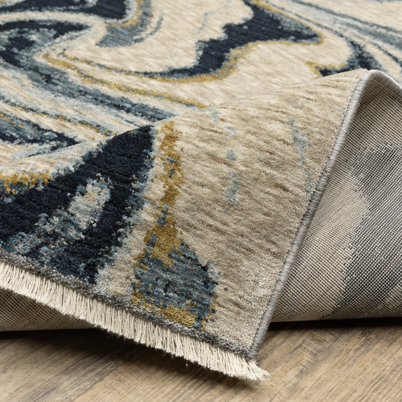 Elizzabeth Contemporary Abstract Waves Navy Blue/ Teal Area Rug, Runner 2'3" x 7'9"