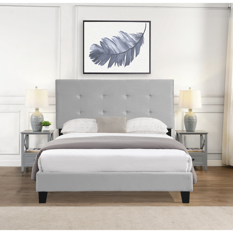 Lit plateforme tapissier gris avec tête de lit, support en lattes de bois, sommier, assemblage facile, sans sommier tapissier, capacité de 600 lb nécessaire, limite de poids