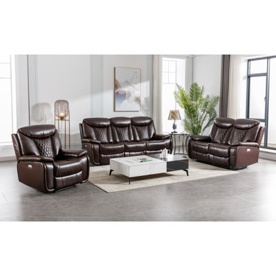 Alycea 3 - Piece Breathable Leather Cushion Back Power Reclining Living Room Set With Diamond Stitching by Red Barrel Studio