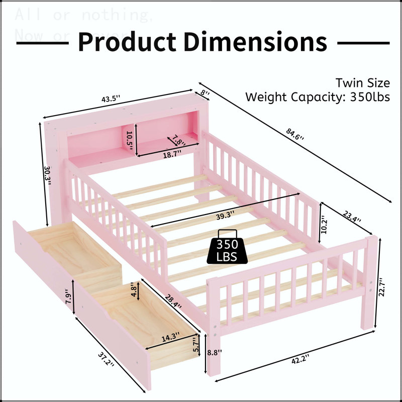 Twin Size Bed with Headboard Storage Rack and Under-Bed Drawers, Pink