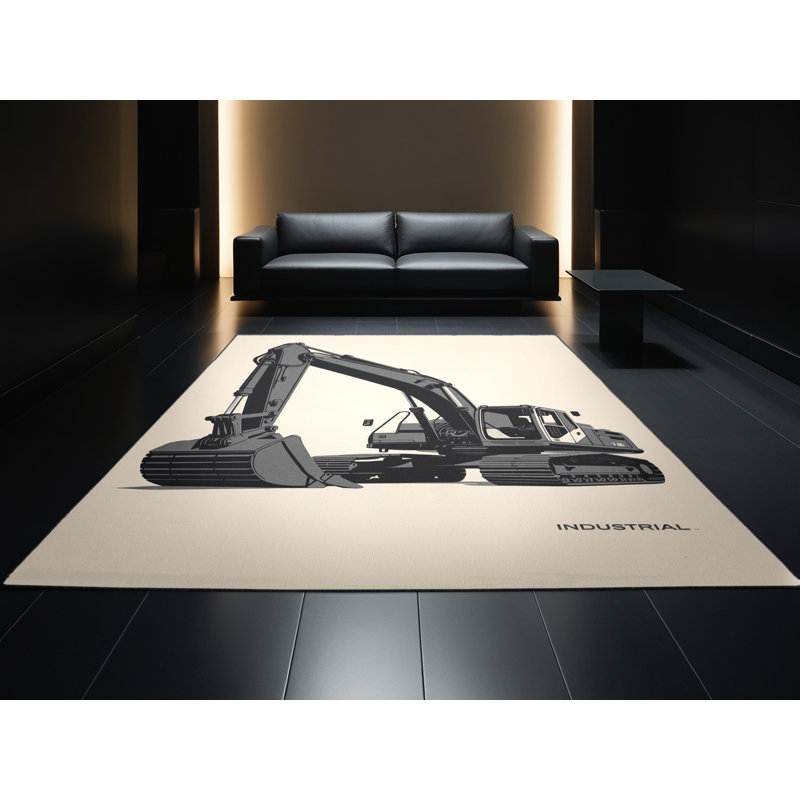 Machine Washable Maurice Excavator Construction Vehicle Industrial Block Print Rug in Beige – Black Binding, 2x3