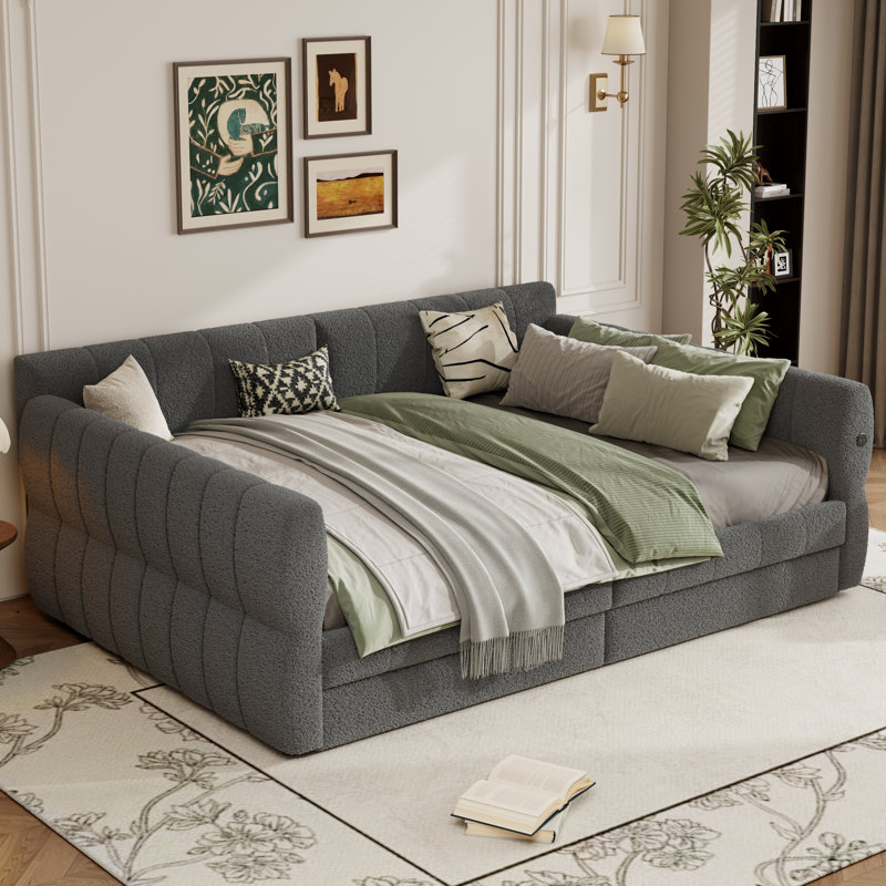 Upholstered Queen Daybed With USB and Drawers, Gray