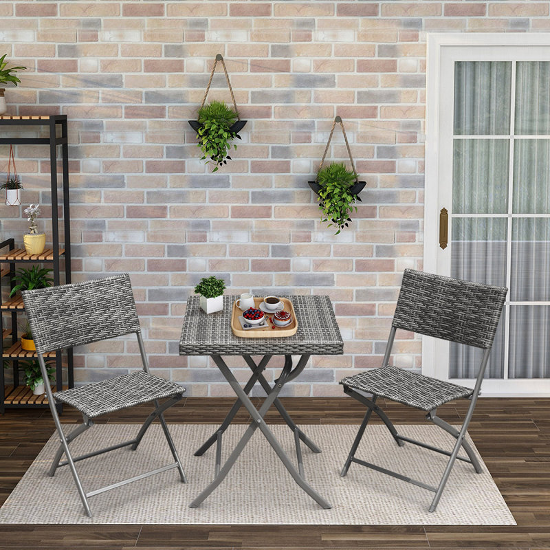 2 - Person Patio Folding Rattan Bistro Set Chairs with Backrest Table, Gray