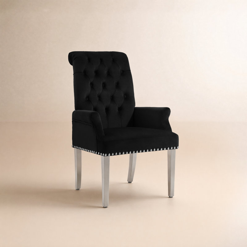 Upholstered Tufted Arm Dining Chairs, Velvet Black