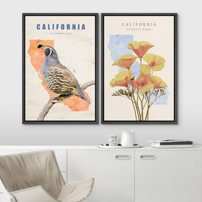 Californie, caille et coquelicot, duo, oiseaux, aquarelle, fleur, rustique, coloré, chaud