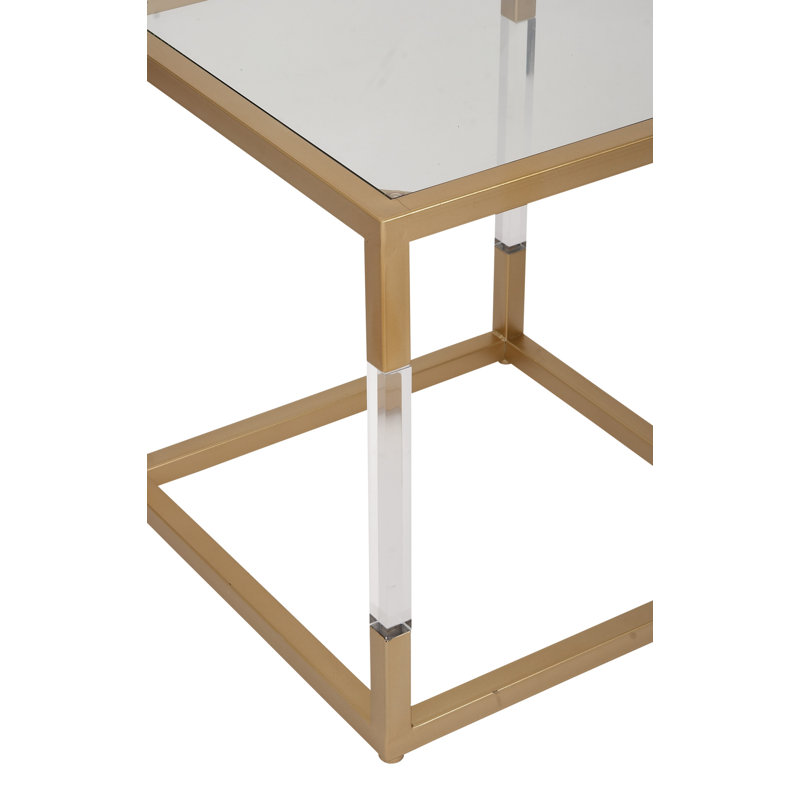 Gold Metal and Clear Glass Square End Table with Acrylic Legs