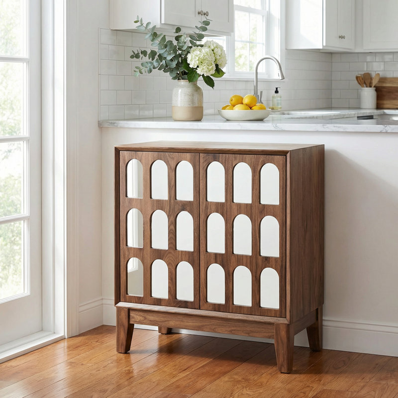 Armoire de rangement moderne à double porte au fini noyer avec miroir et tablettes amovibles pour l'organisation du salon