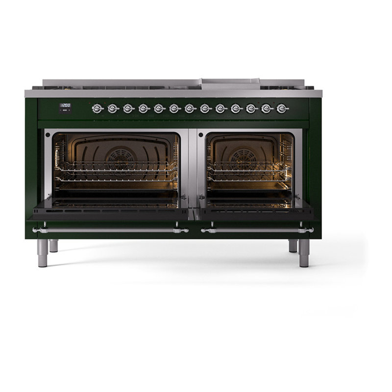 ILVE Nostalgie II Noblesse 60 in Dual Fuel Range, 9 Burner, Griddle, Emerald Green/Chrome, Liquid Propane