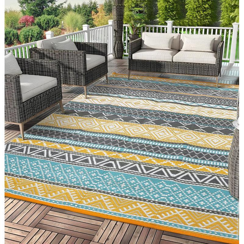 Tapis d'extérieur Boho en plastique avec paille Boho, Jaune / Vert / Gris / Blanc, Rectangle 9 pi x 12 pi