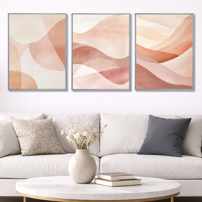 Blush Minimal Layers - Décoration murale abstraite encadrée minimaliste 3 pièces, Silver Floater Framed, 32" H x 72" W