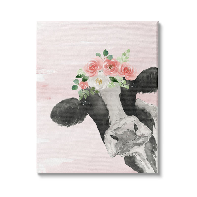 Vache laitière, aquarelle, portrait, couronne florale rose, impression, H 48 po x l 36 po x P 1,5 po, Toile tendue