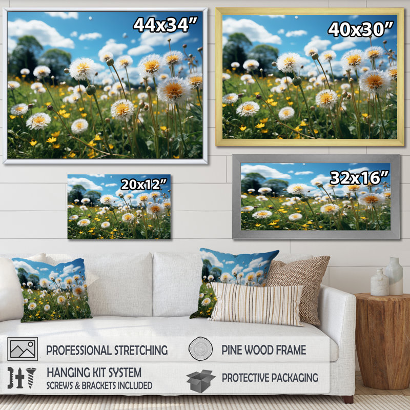 " Mountain Dandelion Field I ", 34" H x 44" W x 1.5" D, Gold Floater Framed