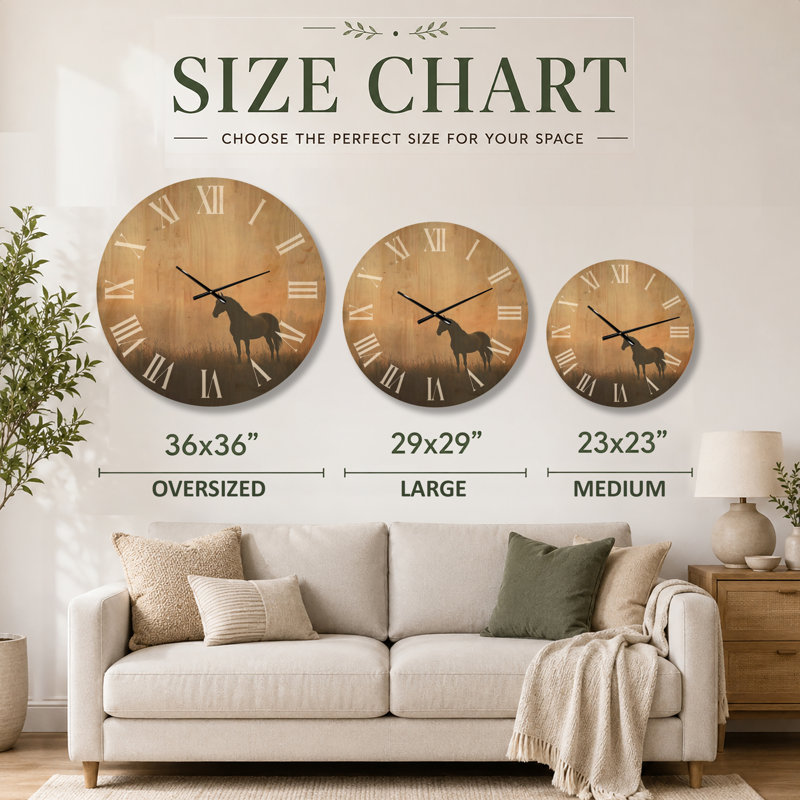 Grande horloge murale en bois - Silhouette de cheval dans la brume matinale, Oversized
