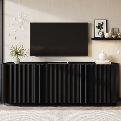 Meuble télé avec portes tambour rondes, console média grain de bois avec tablettes réglables