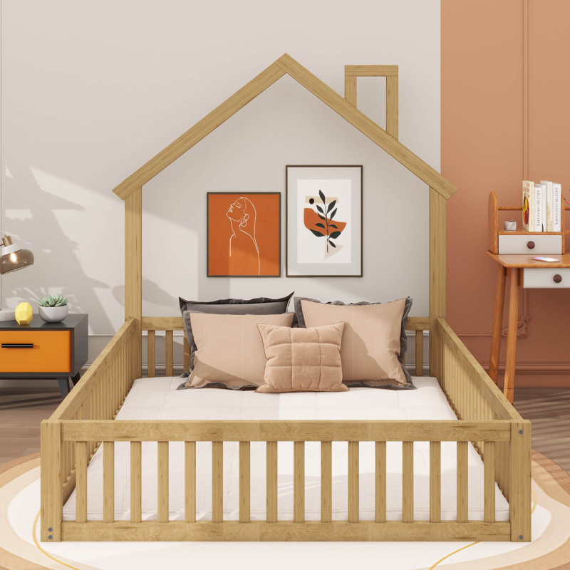 Lit plateforme en bois pleine grandeur avec garde-corps, Naturel